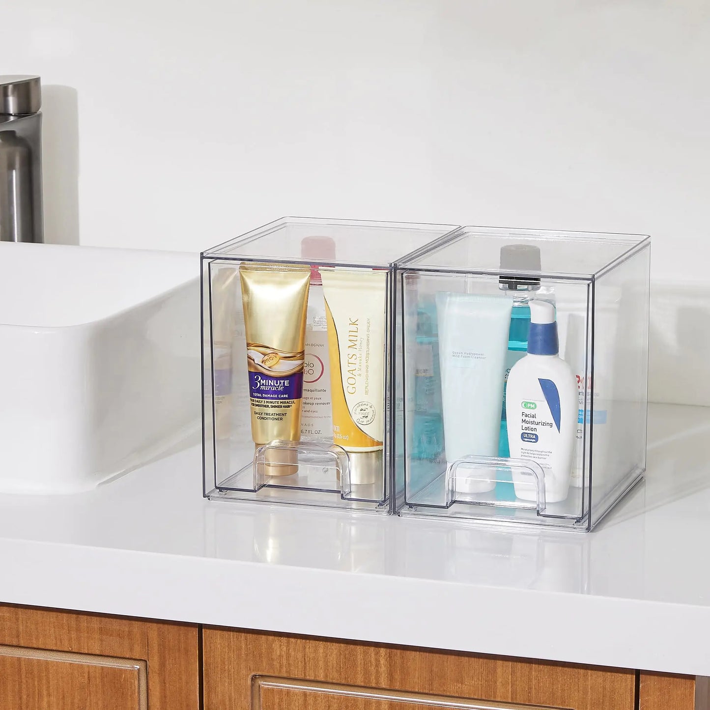 Vtopmart 4 Pack Clear Stackable Storage Drawers,7.6" H Plastic Organizers Bins for Skincare, Bathroom Supplies,Ideal for Cabinet,Undersink,Vanity,Kitchen,Pantry Organization