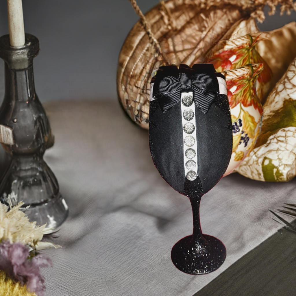 Handmade Groom's Tuxedo Wedding Black and Silver Glitter Champagne Wine Glass Crystal Lane Rhinestones Decor