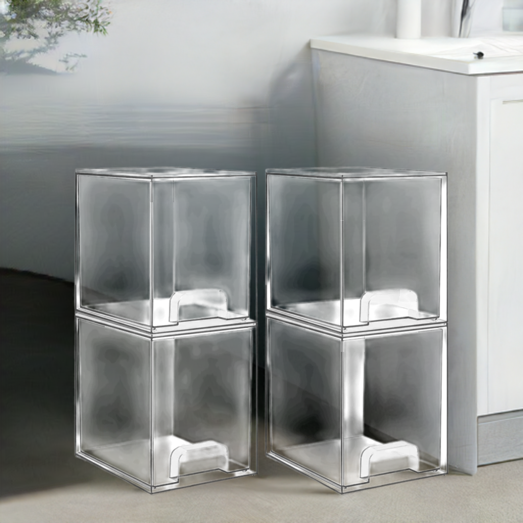 Vtopmart 4 Pack Clear Stackable Storage Drawers,7.6" H Plastic Organizers Bins for Skincare, Bathroom Supplies,Ideal for Cabinet,Undersink,Vanity,Kitchen,Pantry Organization