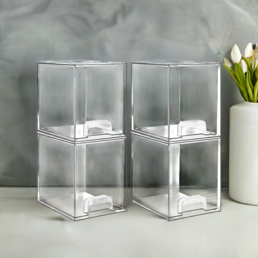 Vtopmart 4 Pack Clear Stackable Storage Drawers,7.6" H Plastic Organizers Bins for Skincare, Bathroom Supplies,Ideal for Cabinet,Undersink,Vanity,Kitchen,Pantry Organization
