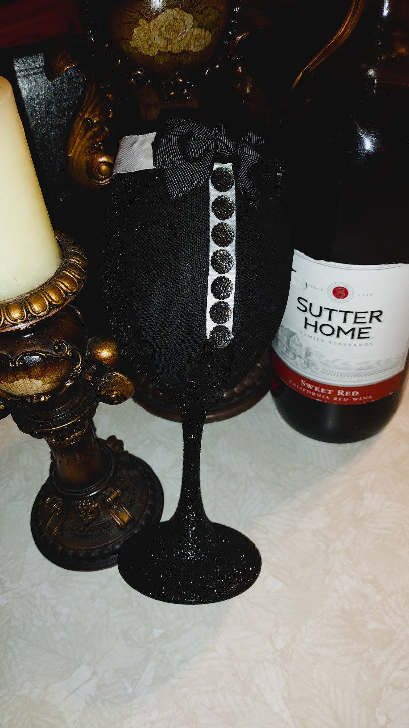 Handmade Groom's Tuxedo Wedding Black and Silver Glitter Champagne Wine Glass Crystal Lane Rhinestones Decor