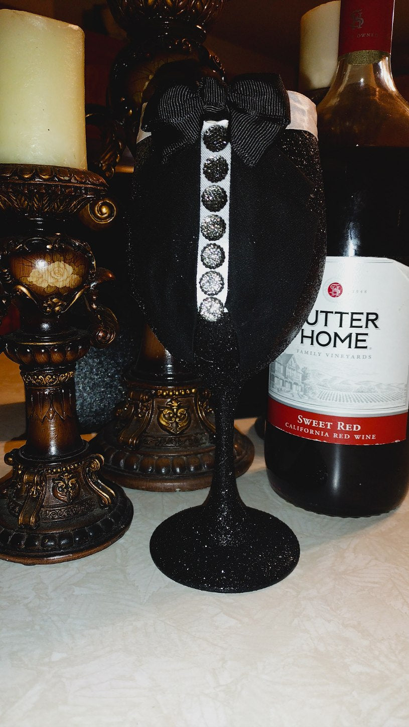 Handmade Groom's Tuxedo Wedding Black and Silver Glitter Champagne Wine Glass Crystal Lane Rhinestones Decor