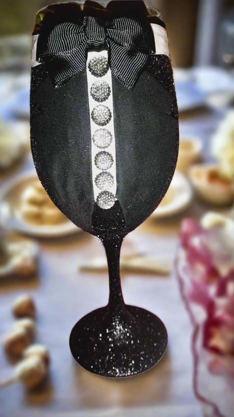 Handmade Groom's Tuxedo Wedding Black and Silver Glitter Champagne Wine Glass Crystal Lane Rhinestones Decor