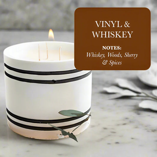 Luxury Large Striped Stone Designer Candle - Vinyl & Whiskey