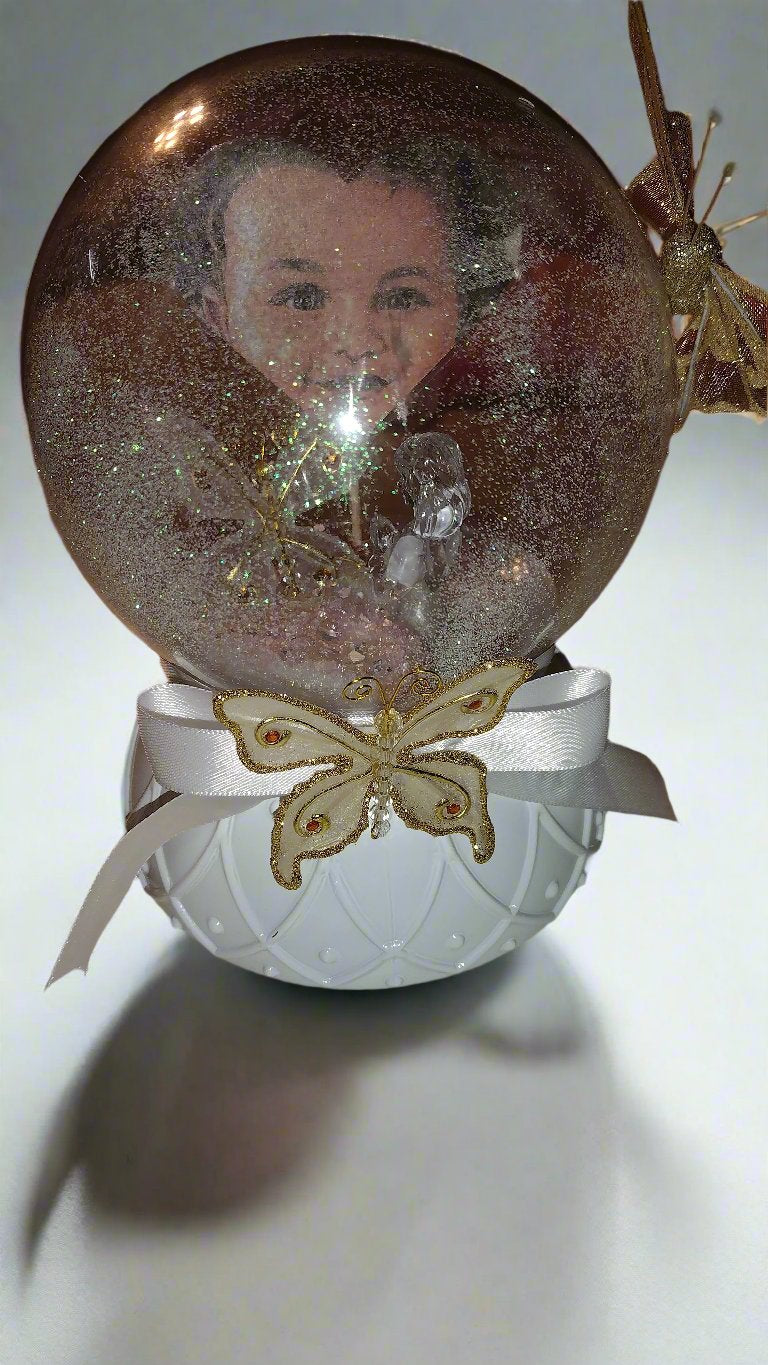 Portrait "Keep in Memory" Glitter Globe White Satin Ribbon  with Gold Butterfly