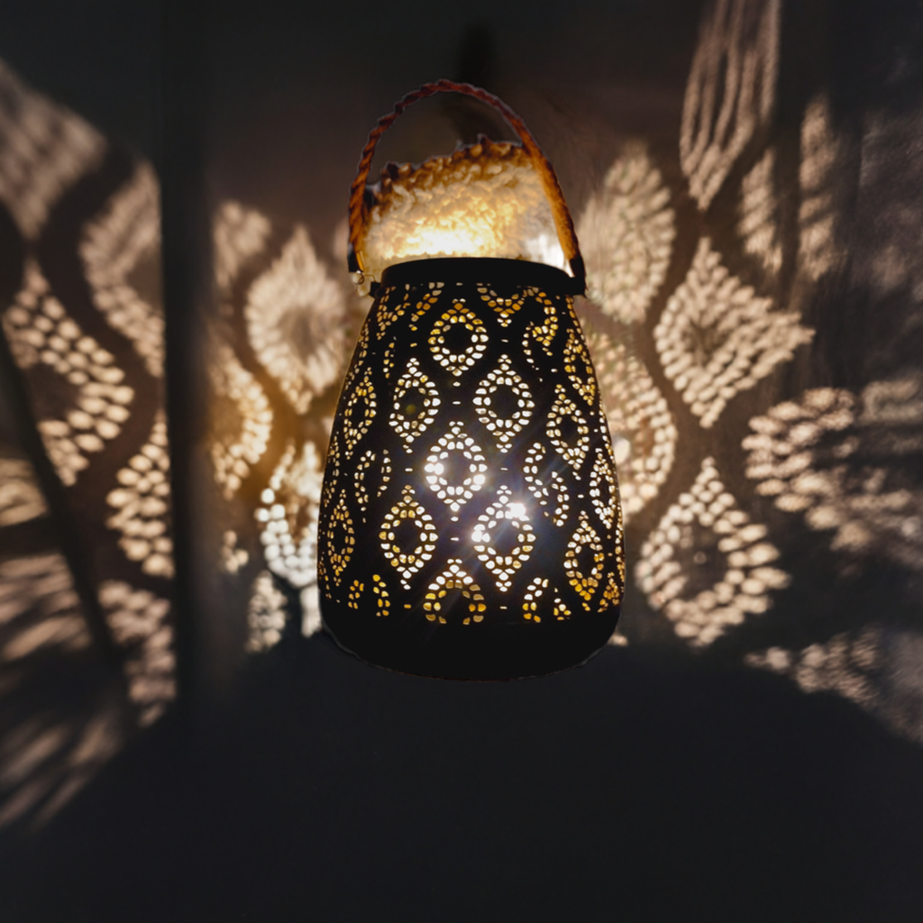 Black and Gold Morroccan Metal LED Vintage Style Lantern 2 AAA Battery-Operated